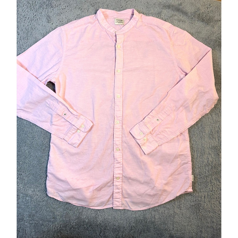Jack & Jones pastel pink banded mandarin collar regular fit shirt linen mens L